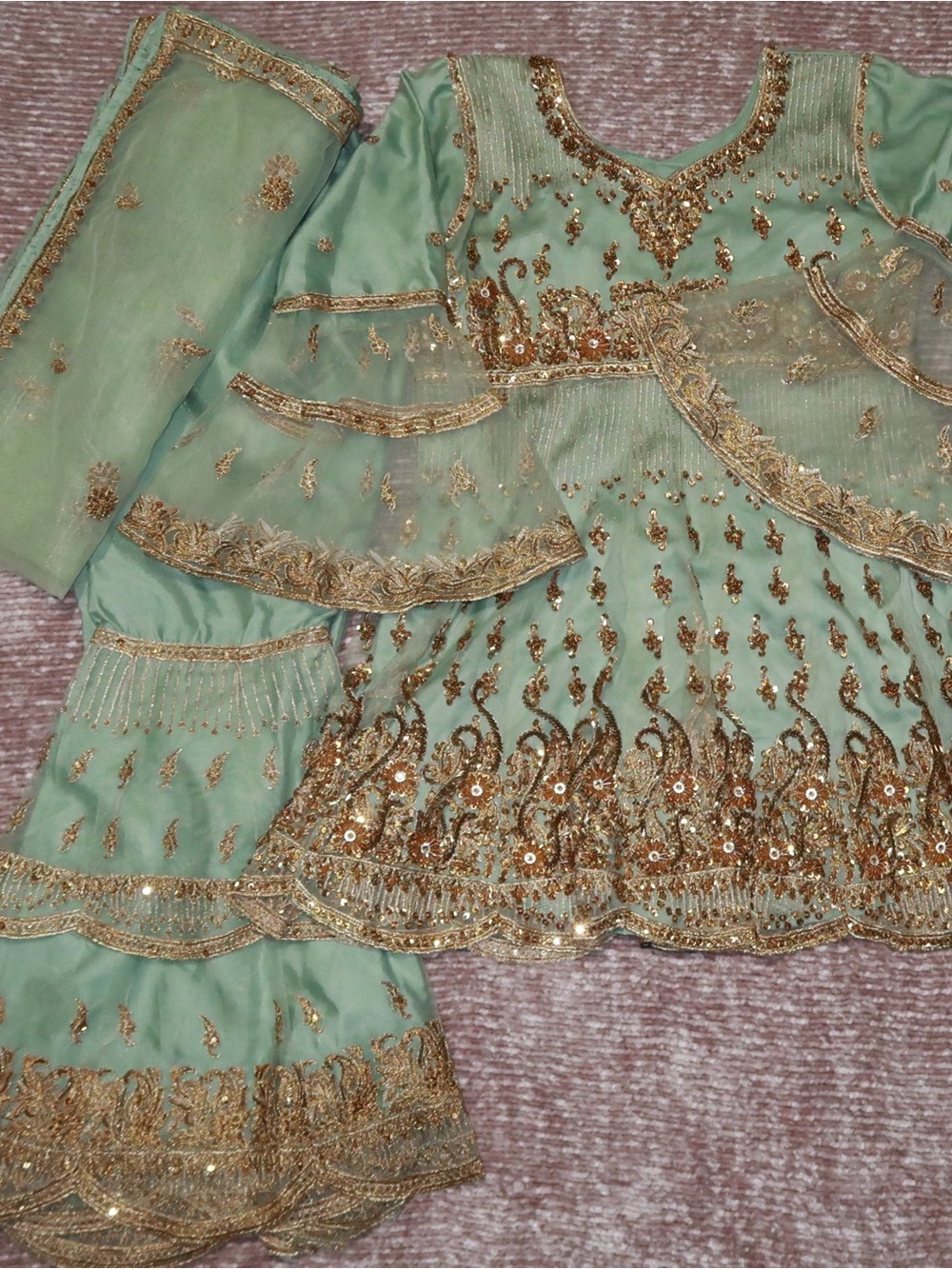 Embellished Sage Green Pakistani Clothes Set with Gold Accents